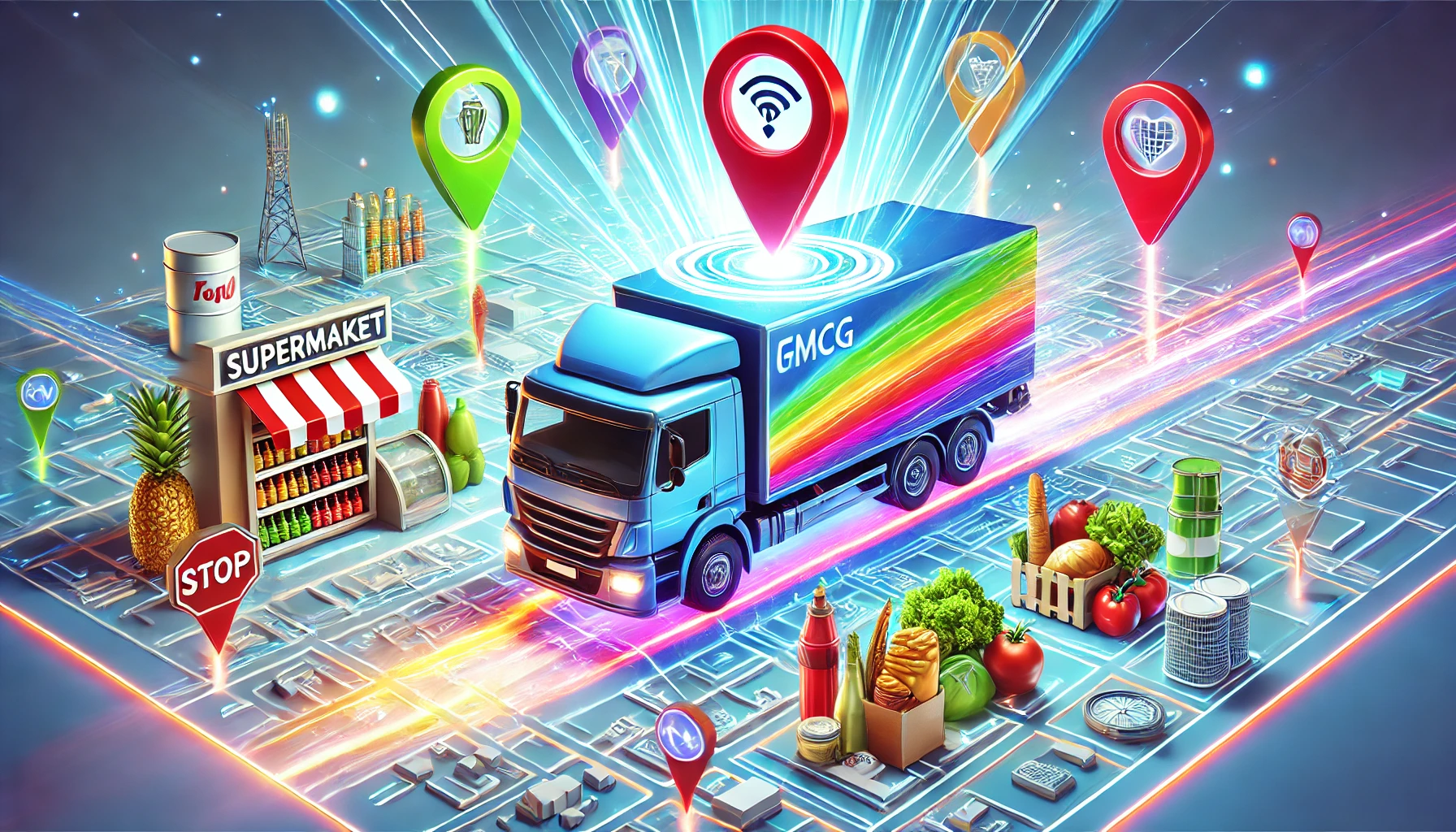 DALL·E 2024-12-05 12.14.40 - A vibrant and futuristic illustration showcasing the integration of FMCG (Fast-Moving Consumer Goods) and GPS technology. The image features a superma